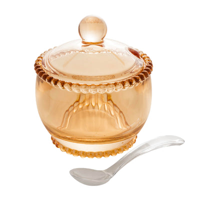WOLFF - Pearl Crystal Beaded Sugar Bowl with Lid and Spoon - Sugar Holder, Dish for Candy Dispenser, Salt, Condiments and Spices, Jelly Jar (Amber, Sugar Bowl)
