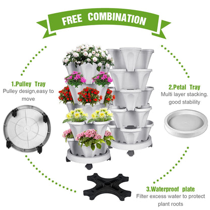 Bociks Vertical Strawberry Planter 7 Tier Stackable Tower Herb Planters-Stacking Garden Outdoor Grey Planter Pot with Tools Mover for Succulents, Vegetables and Flowers