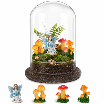 Hushee 5 Pcs 8.2'' x 5.9'' Glass Plant Dome with Mushroom & Fairy Figurines Decorative Humidity Glass Cloche with Base for Indoor Plants Succulents, Miniature Garden Decor for Tabletop - No Plants