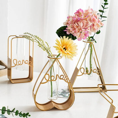 Glass Flower Vase with Metal Frame,Modern Creative Geometric Clear Vase for Flower Centerpieces Decorative,Desktop Hydroponics Vase Plant Terrarium for Home Office Decor (Gold Triangle)