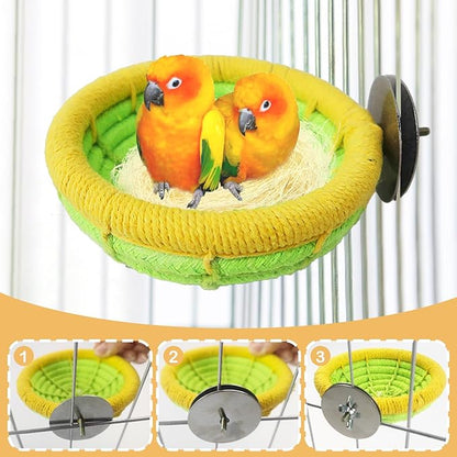 Cotton Rope Parakeet Nest Handmade Bird Breeding Nest Cockatiel Hatch Rope Bed Green Base Canary Snack Bowl for Parrot Conure Finch Budgie Lovebird