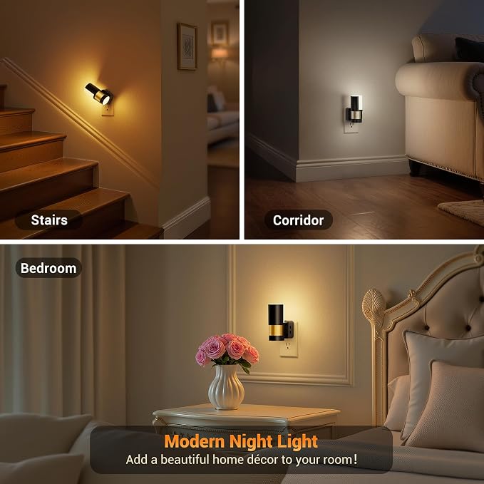 JandCase Plug in Night Light, Rotating Night Light with 3 Colors, 3000K/5000K/Amber, Dimmable Night Lights with Dusk to Dawn Sensor, 360°Rotatable, LED Nightlight for Bathroom Bedroom Hallway, 2 Pack