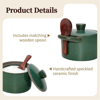seicasaya Handcrafted Speckled Ceramic Salt Cellar with Wooden Spoon, Rustic Vintage Spice Jar, Dishwasher Safe, 8.45 fl oz (Vintage Green)