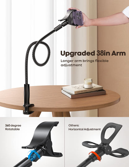 Lamicall Gooseneck Phone Holder Bed - [Nylon Braided] Flexible Arm, 38inch Overall Length, 360 Adjustable Clamp Clip, Overhead Cell Phone Mount Stand for Bed, Desk, 4-7” Cellphone, Gifts