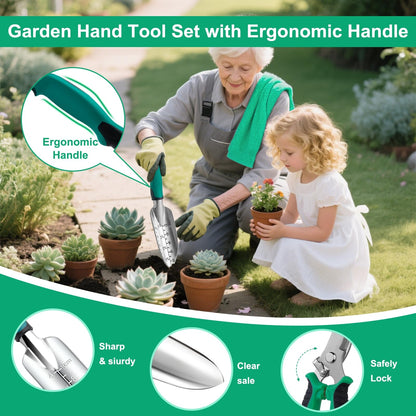 Alitifiy Garden Tool Set, 12-Piece Complete Stainless Steel Gardening Essentials, Heavy Duty Garden Tools with Large Storage Tote, Gardening Gifts for Women, Men, Mom & Dad Beginners Gardeners, Green