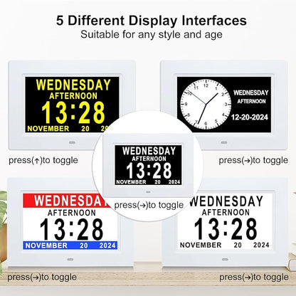 Johnziny 7 Inch Digital Clock with Day and Date for Elderly Large Display for Elderly Dementia Clock Customizable Alarms, 12 Alarms,4 Colors Display Digital Calendar Alarm Clock (White)