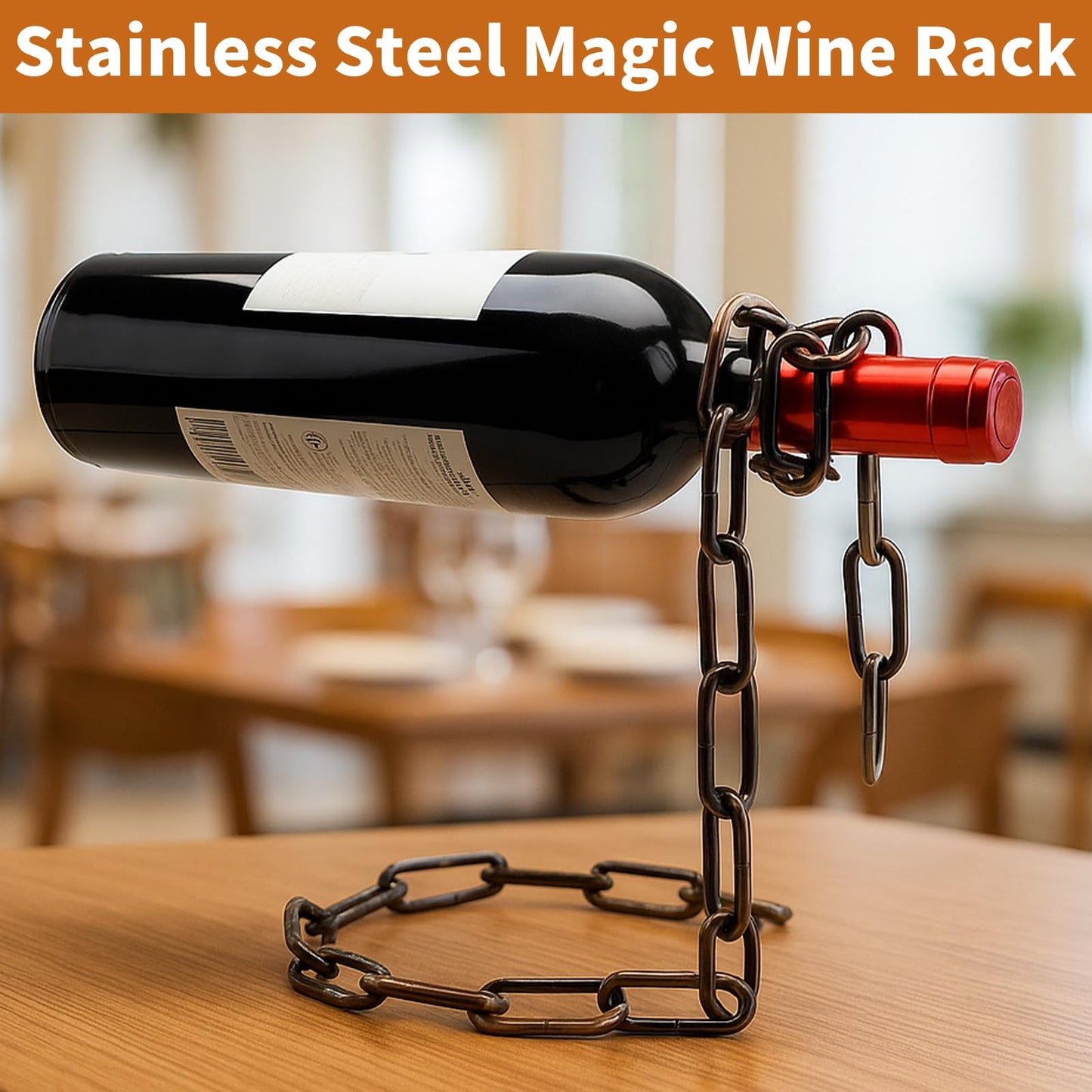 TBWHL Novelty Magic Wine Bottle Holder Floating Steel Link Chain Wine Bottle Rack/Holder - Holds Bottles in the Air, Unique Levitating Wine Bottle Stand for Home Bar, Kitchen, or Party Deco（Brown）