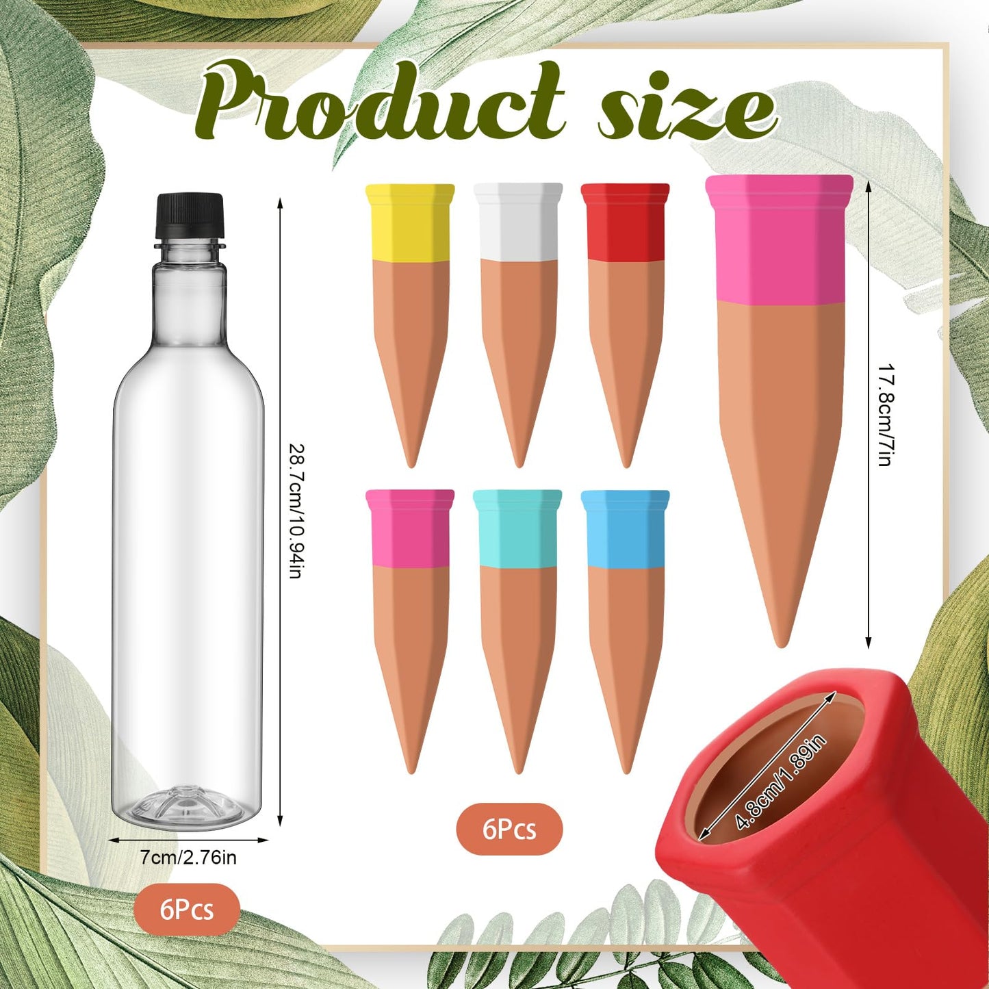 SiliFine 6 Sets Plant Watering Devices Include Terracotta Self Watering Spikes and 26 oz Plastic Bottles, Slow Release Vacation Insert Automatic Plant Waterer Device (Clear and Mixed Color)