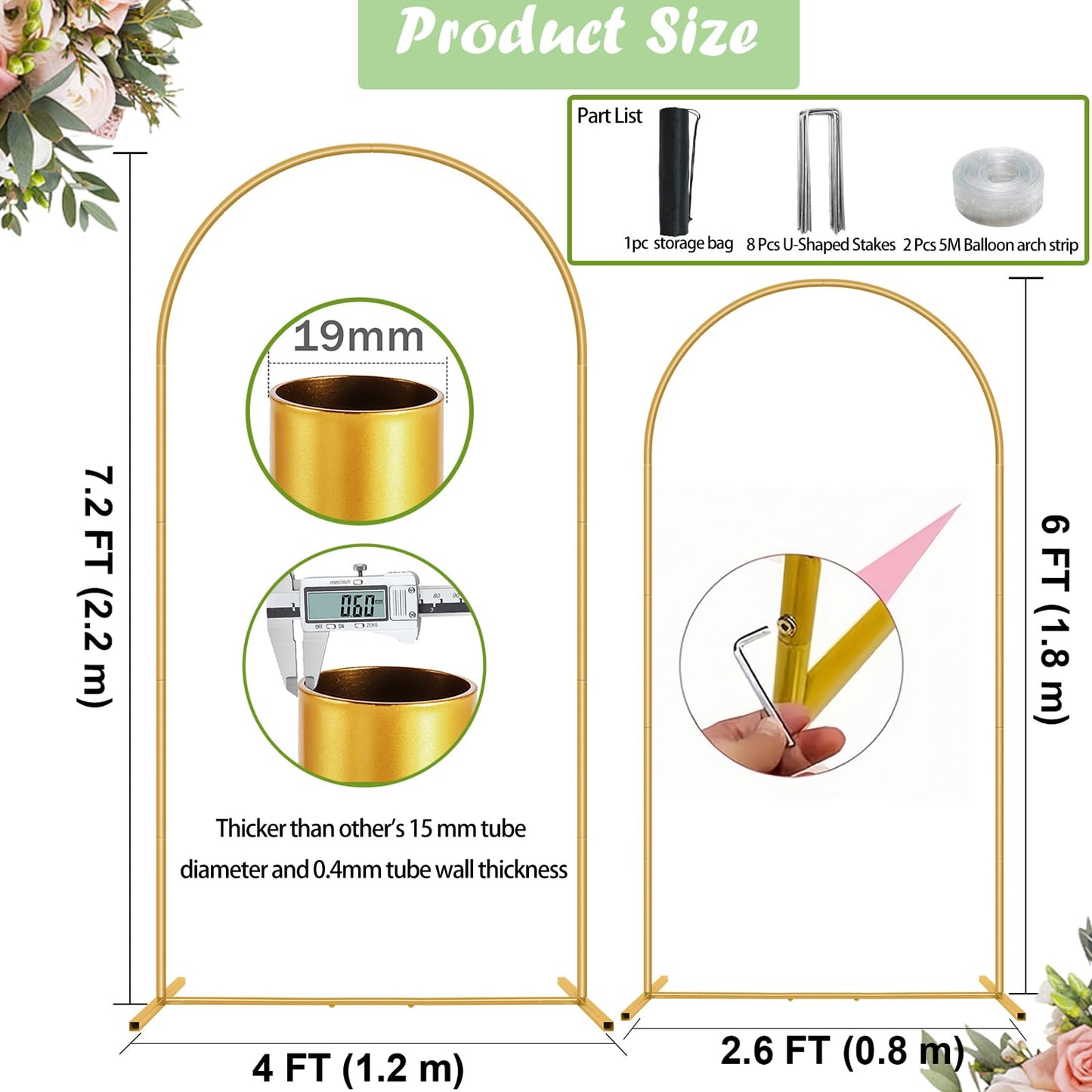 Metal Arch Backdrop Stand 7.2FT+6FT Wedding Arch Backdrop Stand Set of 2 Gold Arch Backdrop Stand for Valentines Day Party Wedding Ceremony Baby Shower Birthday Floral Balloon Decration