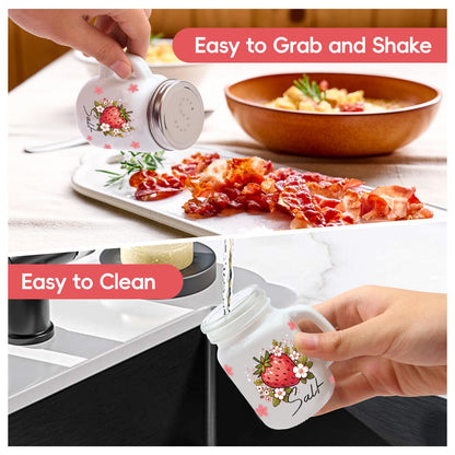 2 Salt And Pepper Shakers，Strawberry Cute Fun Salt And Pepper Shakers Set，Cute Salt Shakers For Kitchen Decor，Black And White Salt And Pepper Shakers With Stainless Steel Lids