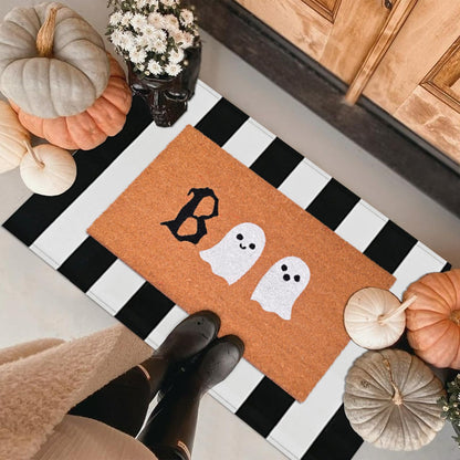 Halloween Door Mat Combo Set, Boo Ghost Coco Coir Welcome Doormat + 28" x 43" Black and White Plaid Rug, Autumn Halloween Front Porch Entryway Decor Floor Mat