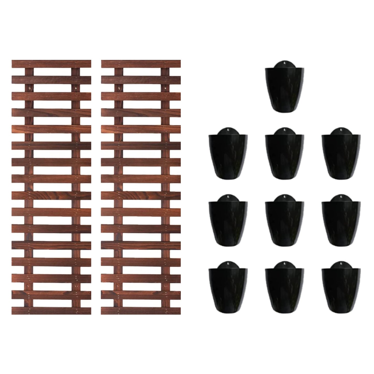 LalaGreen Bundle - 5" Pot + 35.4" Wooden Plant Holder, Black Self Watering Pot, Wooden Hanging Planters for Indoor Plants, Wall Mounted Plant Stand Ladder Outdoor Vertical Garden, Wall Hanging Pots