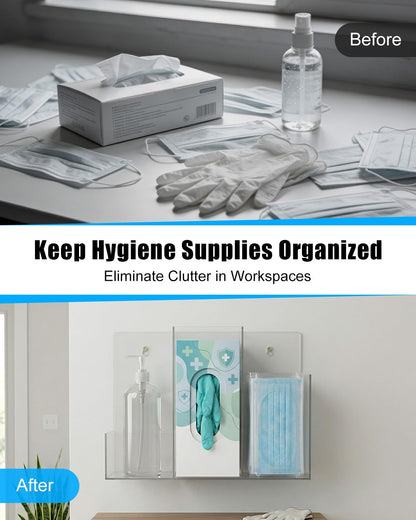 Triple Hygiene Dispenser Station, Clear Acrylic 3-Compartment PPE Organizer for Masks, Gloves & Hand Sanitizer, Wall Mount or Tabletop Hygiene Supply Holder for Office, Clinic, Restaurant, School