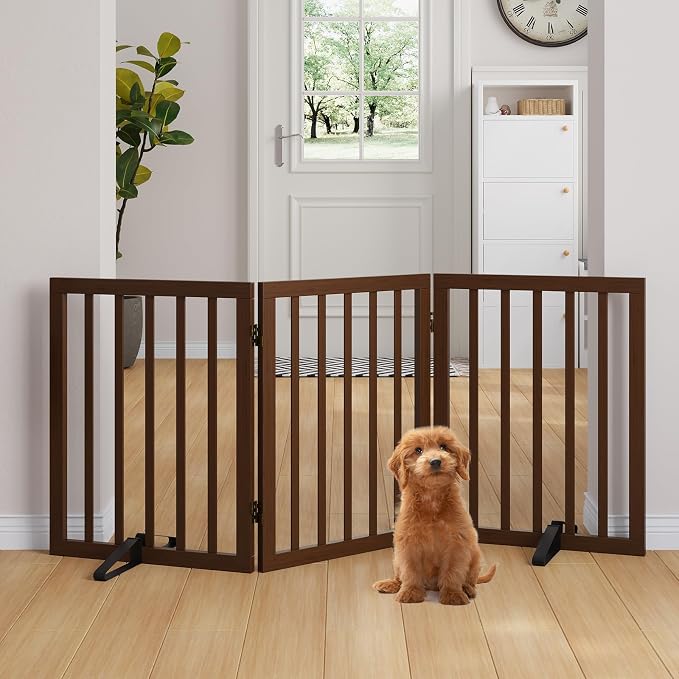 Freestanding Dog Gates Indoor, 3-Panel Pet Gates with 2 Metal Stands and 360° Hinge, 24" H Foldable Dog Gate for Stairs, Doorway, Kitchen, Expands Up to 55" Fully Assembled - Black Walnut