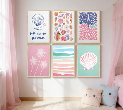 Pink and Blue Coastal Wall Art, 6 Pcs Preppy Beach Wall Decor, Unframed Canvas Posters for Bathroom Bedroom, Seashell Coral Palm Tree Ocean Prints, Neutral Boho Beach House Decor 12x16in Unframed