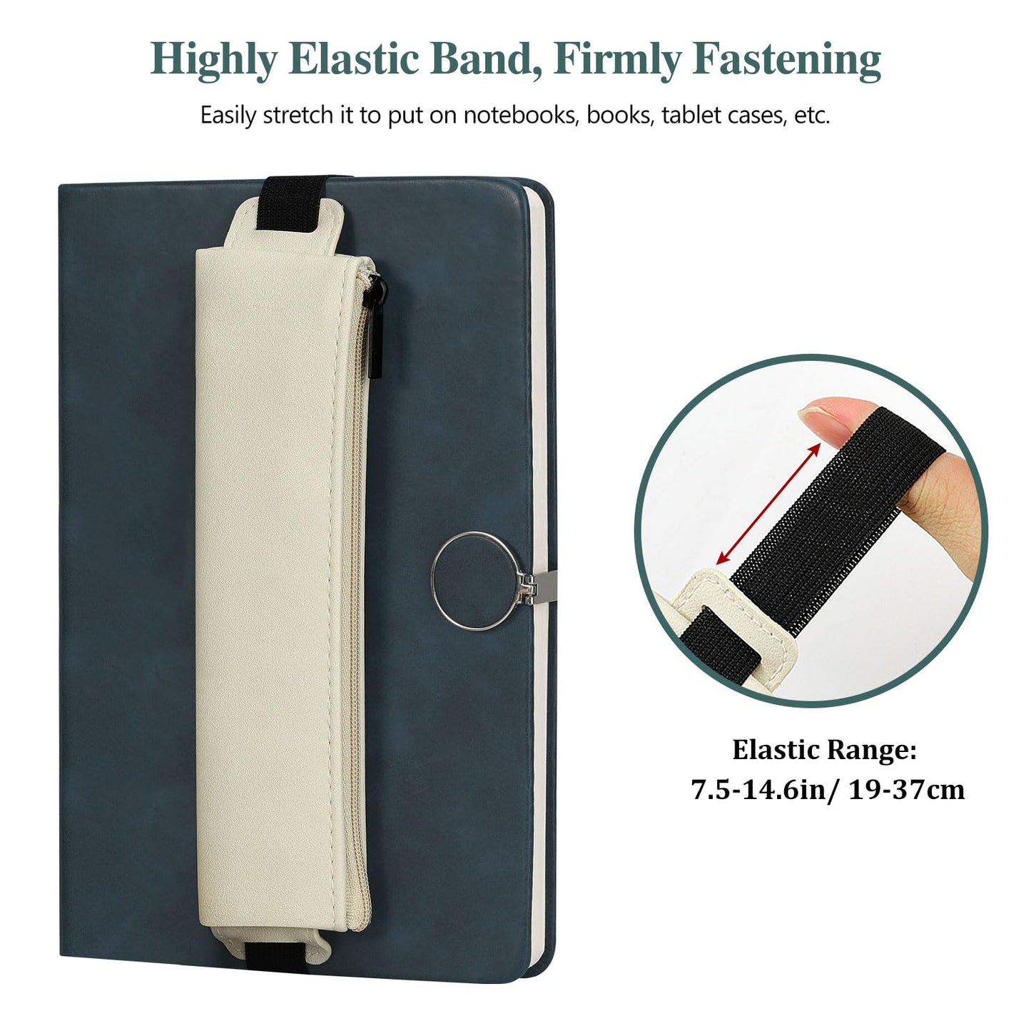 MoKo Elastic Pen Holder for Notebook, 4 Pieces PU Leather Pencil Case with Adjustable Band, Stationery School Supplies Zipper Bag for Planners, Journals, Book