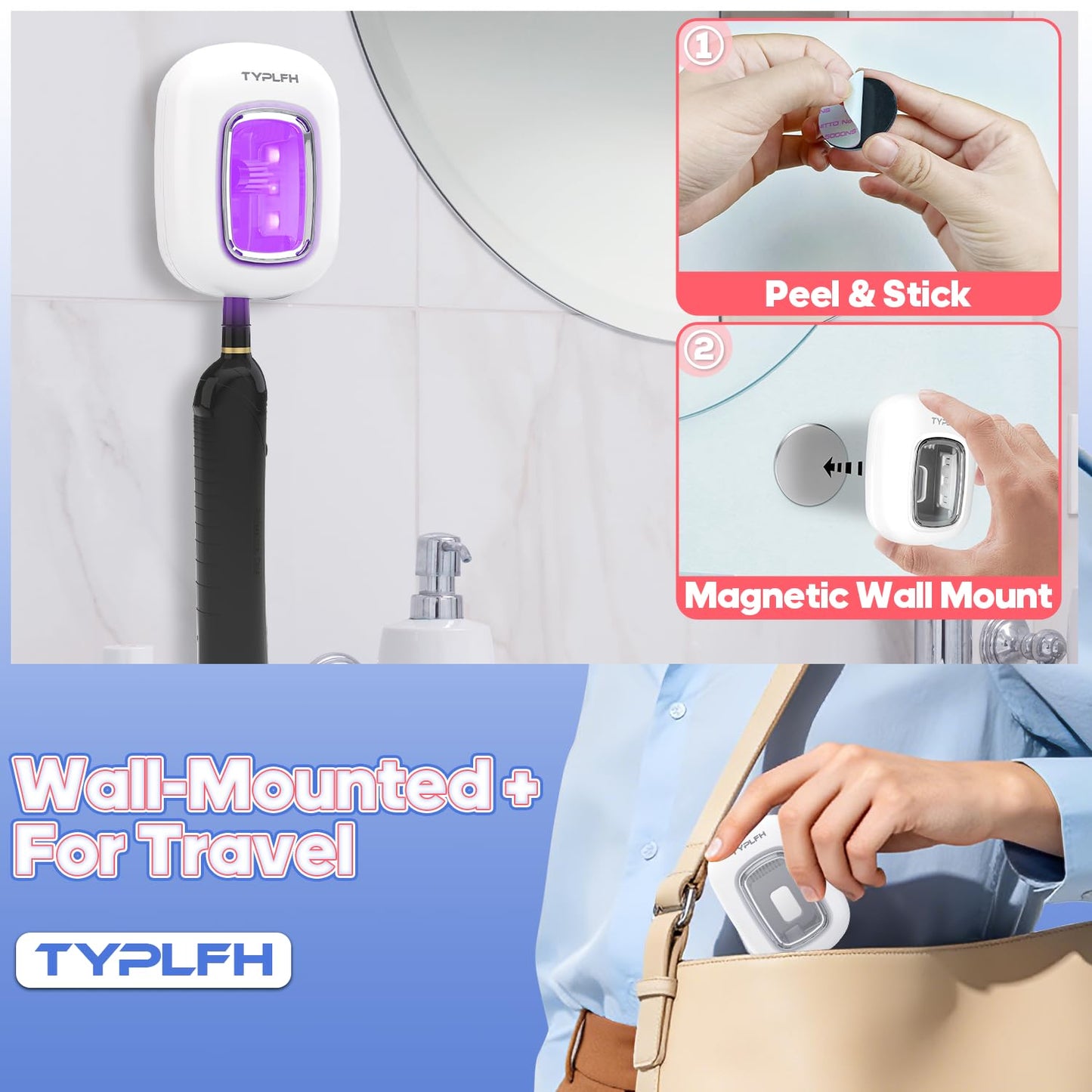 Toothbrush Sanitizer and Holder, TYPLFH Wall Mounted Toothbrush Covers Holders for Bathrooms, Rechargeable Toothbrush Travel Cleaner Case for Electric & Any Toothbrushes