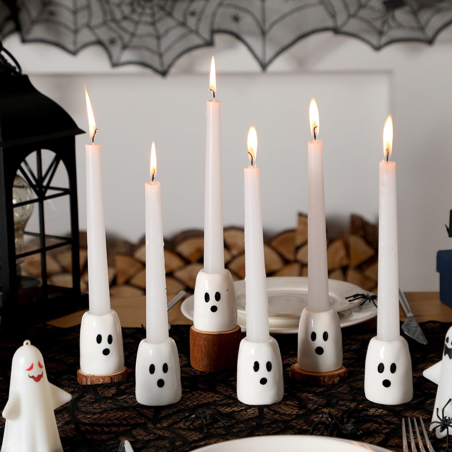 GlikCeil 6 Pcs Halloween Ghost Candlestick Holders, Depth of 2.3 in, Ceramic, Halloween Taper Candleholder Cute Ghost Candle Stick Holders for Wedding Party Office Home Table Centerpiece Decorative