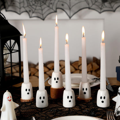 GlikCeil 6 Pcs Halloween Ghost Candlestick Holders, Depth of 2.3 in, Ceramic, Halloween Taper Candleholder Cute Ghost Candle Stick Holders for Wedding Party Office Home Table Centerpiece Decorative