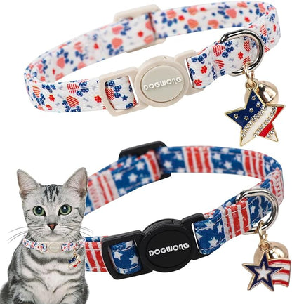 2 Pack Independence Kitten Collar Breakaway with Bell, Adjustable Safety Striped Star Flag Cat Cotton Collar for Girl Boy Cat and Small Pet，Adjustable Kitten Collar 7-12 Inch
