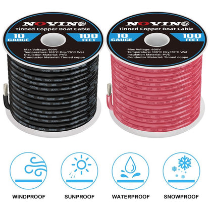 Marine Wire 10 Gauge Marine Grade Wire Include 10 AWG 100FT Red & 100FT Black,10 AWG Tinned Copper Boat Cable for Boat Speaker Automotive Battery Lighting Outdoor RV Camper Trailer