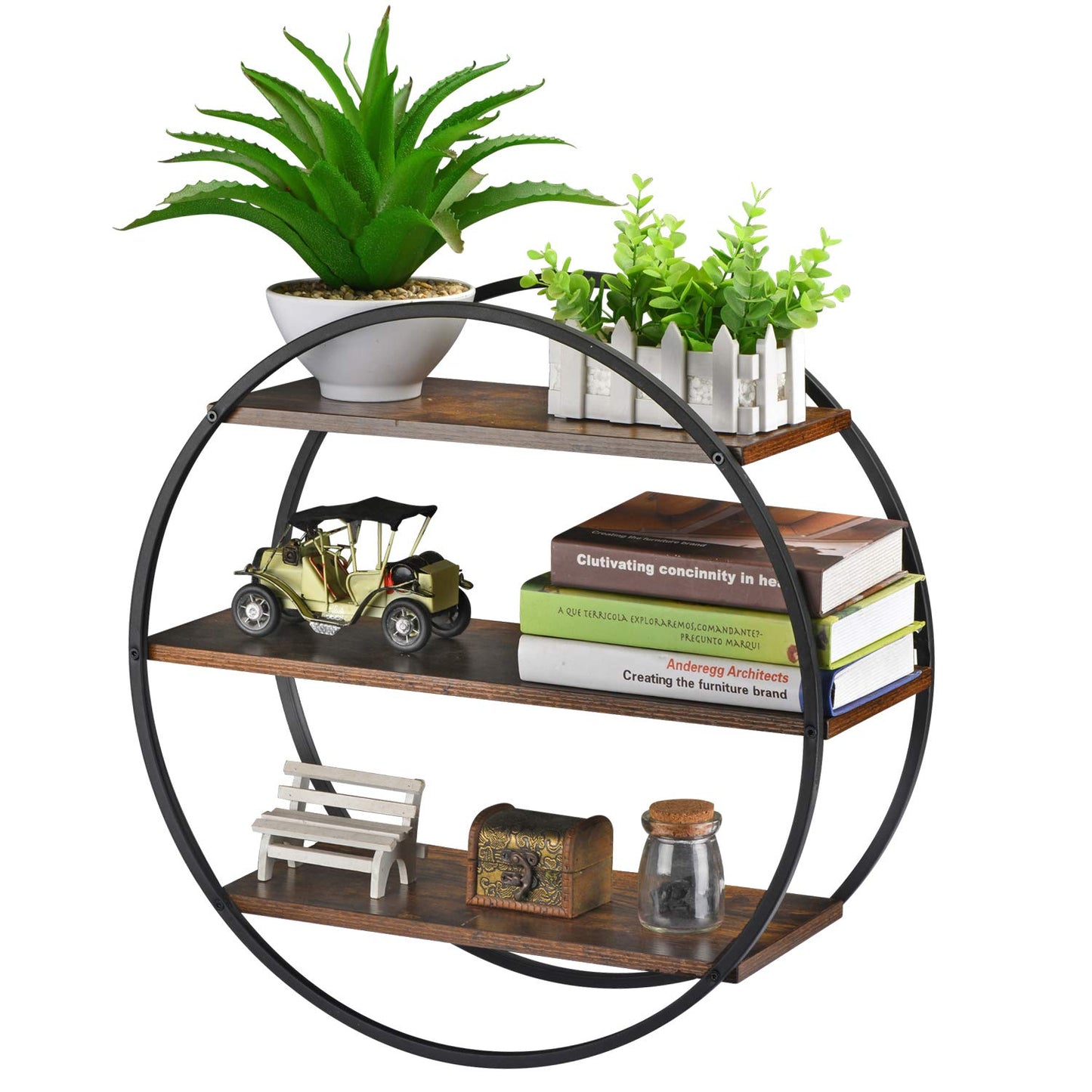 BCOZLUX Floating Shelves, 3 Tier Decorative Geometric Circle Metal and Wood Wall Shelves, Bathroom Shelf Round Wall Decor, Rustic Brown