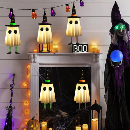 Set of 3 Halloween Hanging Ghosts,Halloween Decorations Outdoor Hanging Ghosts with Witch Hat,Glowing Ghost Witch Hat Light, Halloween Ghost Decor for Yard Patio Garden Tree Outside(3 Ghost Lighted)