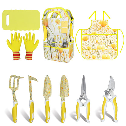 Yellow Garden Tools Set for Women, iHansee 10-Piece Gardening Tool Kit with Handbag, Non-Slip Ergonomic Handles, Gardening Gift for Women, Mom, Garden Lovers