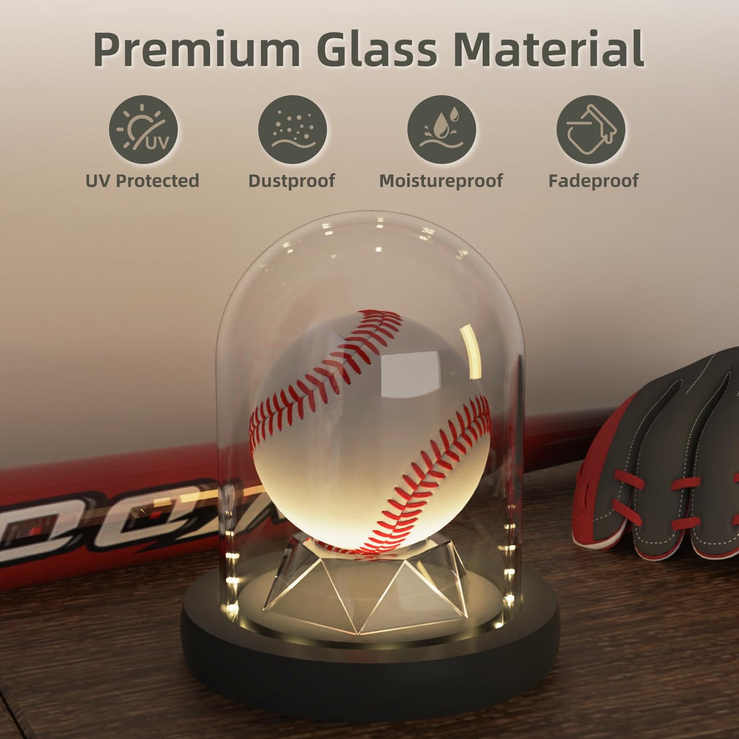 DuvinDD Baseball Display Case with LED Light Base, Glass Dome Cloche Baseball Holder for Golf Ball, Softball, Tennis Ball, Rock Collection, 4.33" D X 4.7" H, Gifts for Christmas