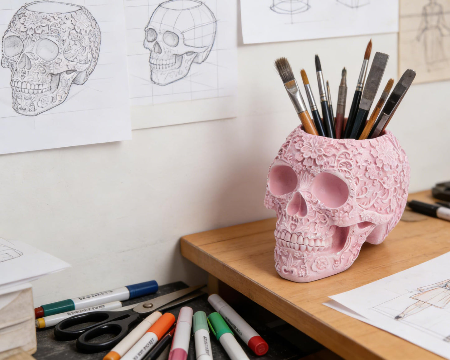 BOIHEGU Skull Bowl Decorative Skull Vase Makeup Brush Pen Holder Organizer Dresser Gothic Table Organizer Decoration, Pink Skull Pot Enthusiasts Gifts
