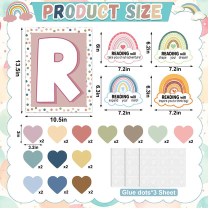 32Pcs Boho Classroom Decor Boho Reading Posters with READ Sign Rainbow Love Heart Bulletin Board Decorations Reading Corner Decor for Classroom Wall Door Kindergarten Elementary and Middle School