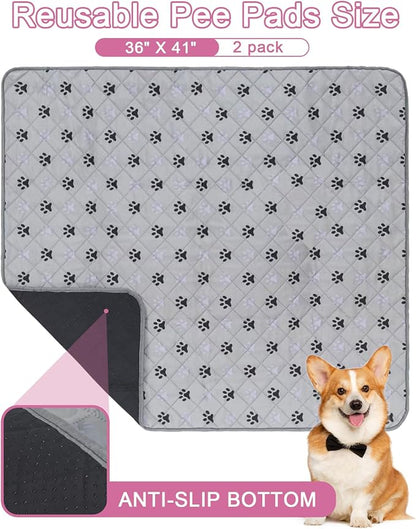 JERIA 2 Pack 36"x 41" Waterproof Non Slip Wee pad，Reusable Washable Pee Pads for Dogs，Absorbent and Leakproof Training Mats for Potty, Bed, Sofa, Potty Training