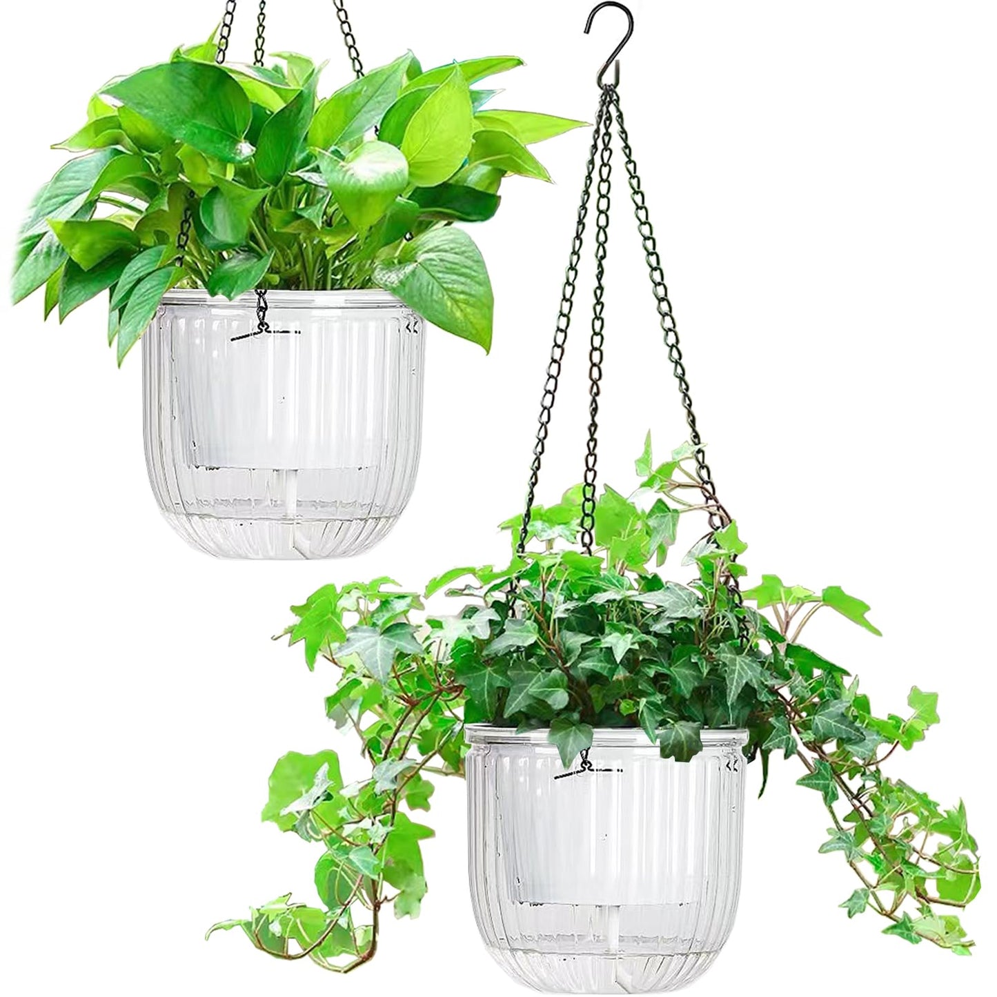 Melphoe 2 Pack Self Watering Hanging Planters Indoor Flower Pots, 6.5 Inch Outdoor Hanging Plant Pot Basket, Plant Hanger with 3Hooks Drainage Holes for Garden Home