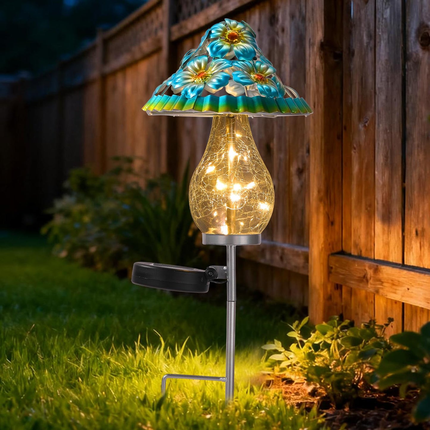 LOVERUIS Garden Statues with Solar Watering Can Lights, Cute Outdoor Garden Decor for Patio Yard Lawn Ornaments, Unique Gift for Women Mom Grandma (ARS-Mushroom Blue)
