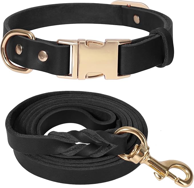 LWBMG 6FT Leather Dog Collar and Leash Set, Heavy Duty Dog Leash and Collar with Metal Buckle,Adjustable Pet Collar and Lead, Soft Pet Leash and Collar Set for Large Dogs Black
