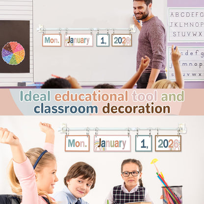 Boho Flip Calendar Bulletin Board Set Boho Rainbow Calendar for Classroom Whiteboard Decor with 2026 to 2030 Years Date Cards and Adjustable Rod for Home Elementary Back to School Teacher Supplies