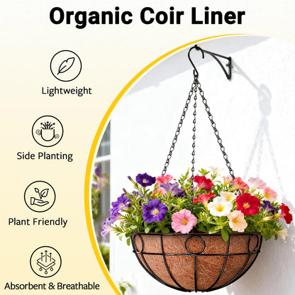 ZeeDix 2 Pack 14 Inch Metal Outdoor Plant Hanging Baskets, Round Wire Planter Basket with Coco Coir Liner, Large Hanging Flower Pots for Outdoor Garden Yard Patio Porch Balcony Decor
