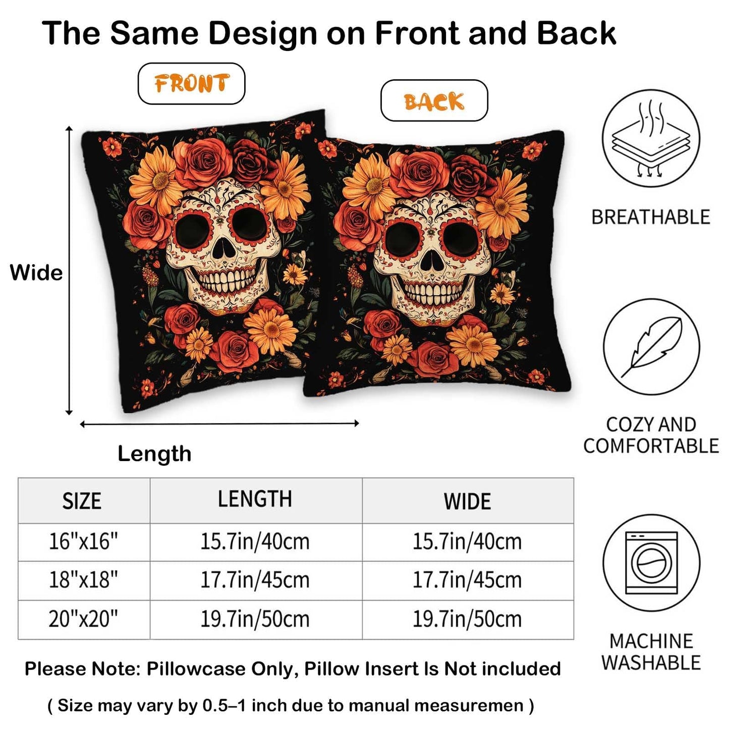 FexNuvko Sugar Skull Throw Pillow Covers 18x18 Set of 2, Day of the Dead Skull Floral Cushion Covers, Gothic Boho Decorative Pillowcase for Sofa Couch Living Room, Halloween Fall Home Decor