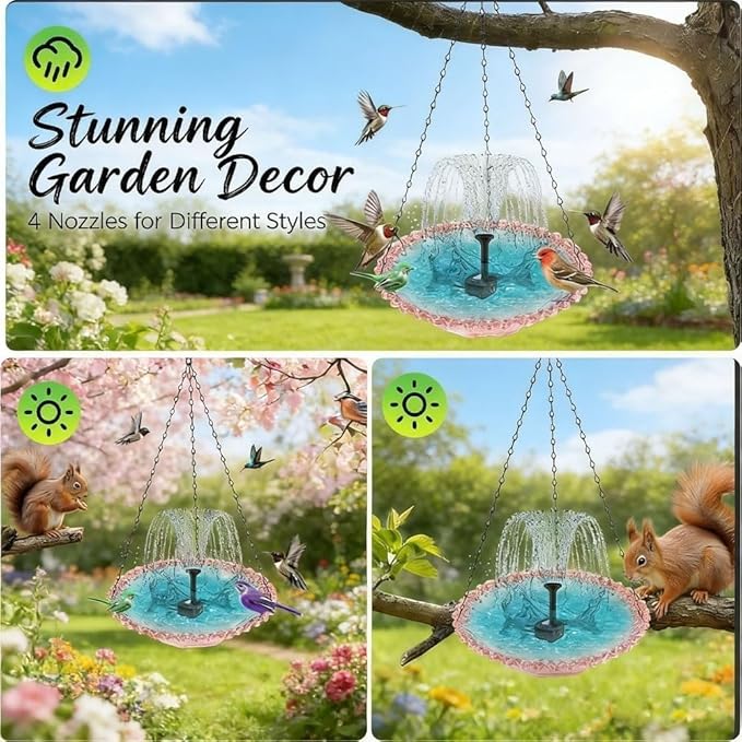 Hanging Solar Bird Bath Fountain with Water Pump, Plastic Basin, 4 Nozzles, Sturdy Metal Chains, Outdoor Garden Decor (Cannot Spray Water, Blue)