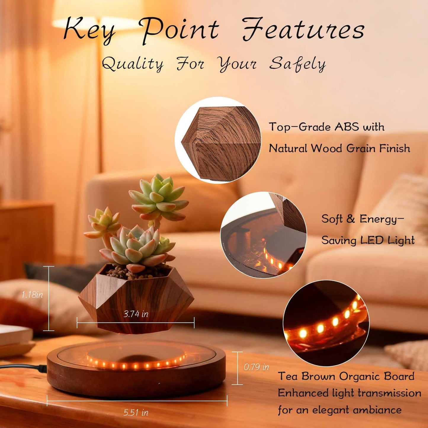CENTRALEV Magnetic Levitating Plant Pot with LED Light, 360° Rotating Floating Planter for Succulents, Unique Gift for Christmas, Valentine's & Mother's Day, Modern Home Office Desk Decor
