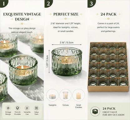 DEVI Green Tea Lights Candle Holders 24 Pcs for Wedding Decorations, Glass Votive Candle Holder, Wedding Table Centerpieces, Retro Party Decorations