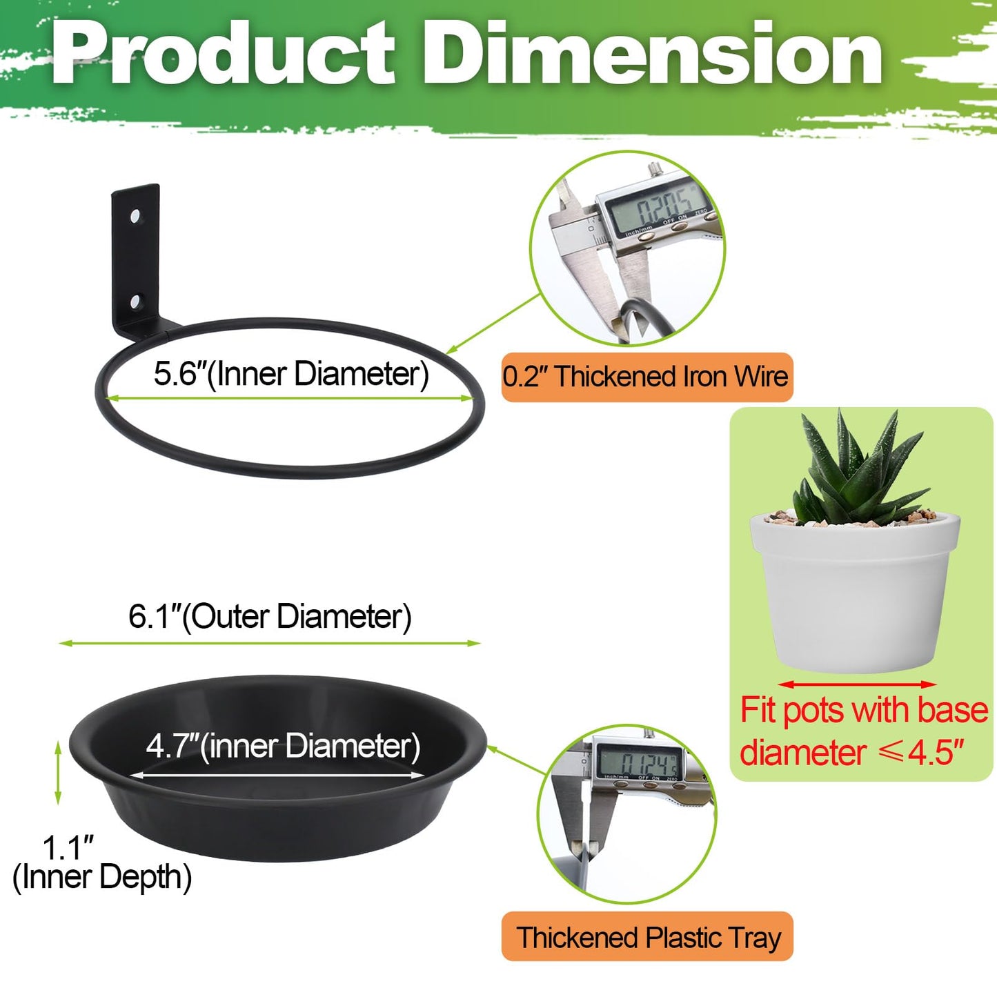 FAHAWEL 6 Inch Wall Mount Plant Holder with Saucer Trays, 6 Pack Heavy Duty Metal Flower Pot Holder Ring Plant Hanger for Wall Indoor, Ring Planter Bracket for Outside Outdoor Bird Feeder Bath