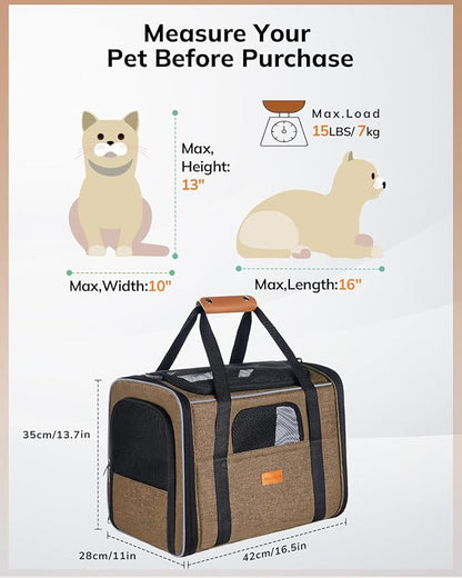 Morpilot Cat Carrier - Cat Carrier Soft for Medium or Large Cats up to 20lbs, with Dual-Sided Cushion, Secure Buckle and Foldable Bowl, Dog Carriers for Small Dogs - Pet Carrier (Brown)