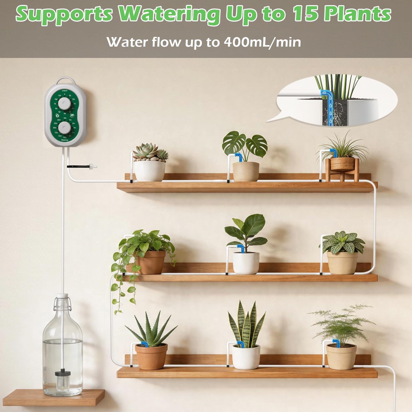 Automatic Drip Irrigation System for Garden with USB & Timer, 50FT Plant Watering Devices for 15 Pots, IP65 Waterproof 2200mAh Watering System for Indoor Outdoor Lawn Farm Greenhouse Balcony Patio
