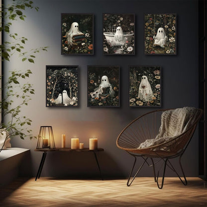 6 Pcs Flower Bush Ghost Wall Art Ghost Reading Swing Bathtub Wall Decor Pictures Halloween Dark Forest Cute Ghost Poster Prints for Dark Academy Bathroom Bedroom Home Decoration 12x16in Unframed