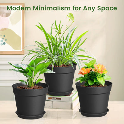 SwinDuck 10 Pack 6 Inch Plant Pots with Drainage and Saucers, Black Plastic Flower Pots for Indoor and Outdoor Plants, Stackable Nursery Planters for Houseplants and Herbs, Black
