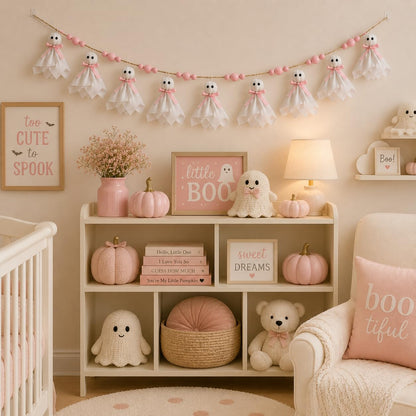 Craflox Pink Halloween Garland Ghost Decor, Pastel Girly Halloween Party Garland for Mantle, 6.6Ft Cute Spooky Pink Wooden Beads Decorations for Home Indoor, Handmade Banner