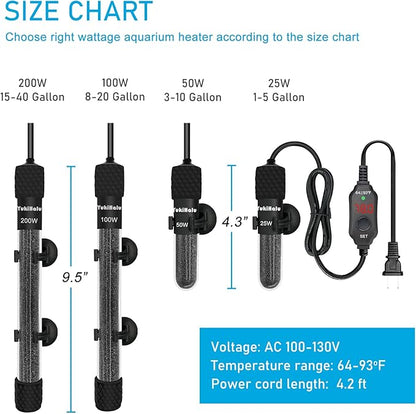 YukiHalu Small Submersible Aquarium Heater, Adjustable Mini Fish Tank Heater 25W 50W 100W 200W 300W with External Temperature Controller, LED Display, Used for 5/10/20/40/60 Gallons (100 Watts)