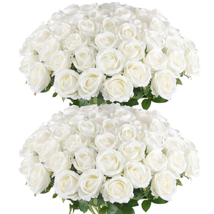 Hananona 50 Pcs Artificial Roses in Bulk, Fake Velvet Silk Roses Realistic Rose for Wedding Centerpieces Flower Arrangement Home Decor (50, White)