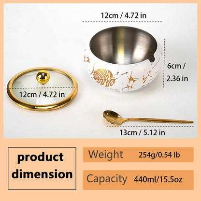 15OZ Sugar Bowl with Glass Lid and Spoon, Sugar Container of Coffee Bar Accessories, Stainless Steel Jar for Salt, Tea, Brown Sugar Cube, Dishwasher Safe, Kitchen Decor Countertop Storage, White
